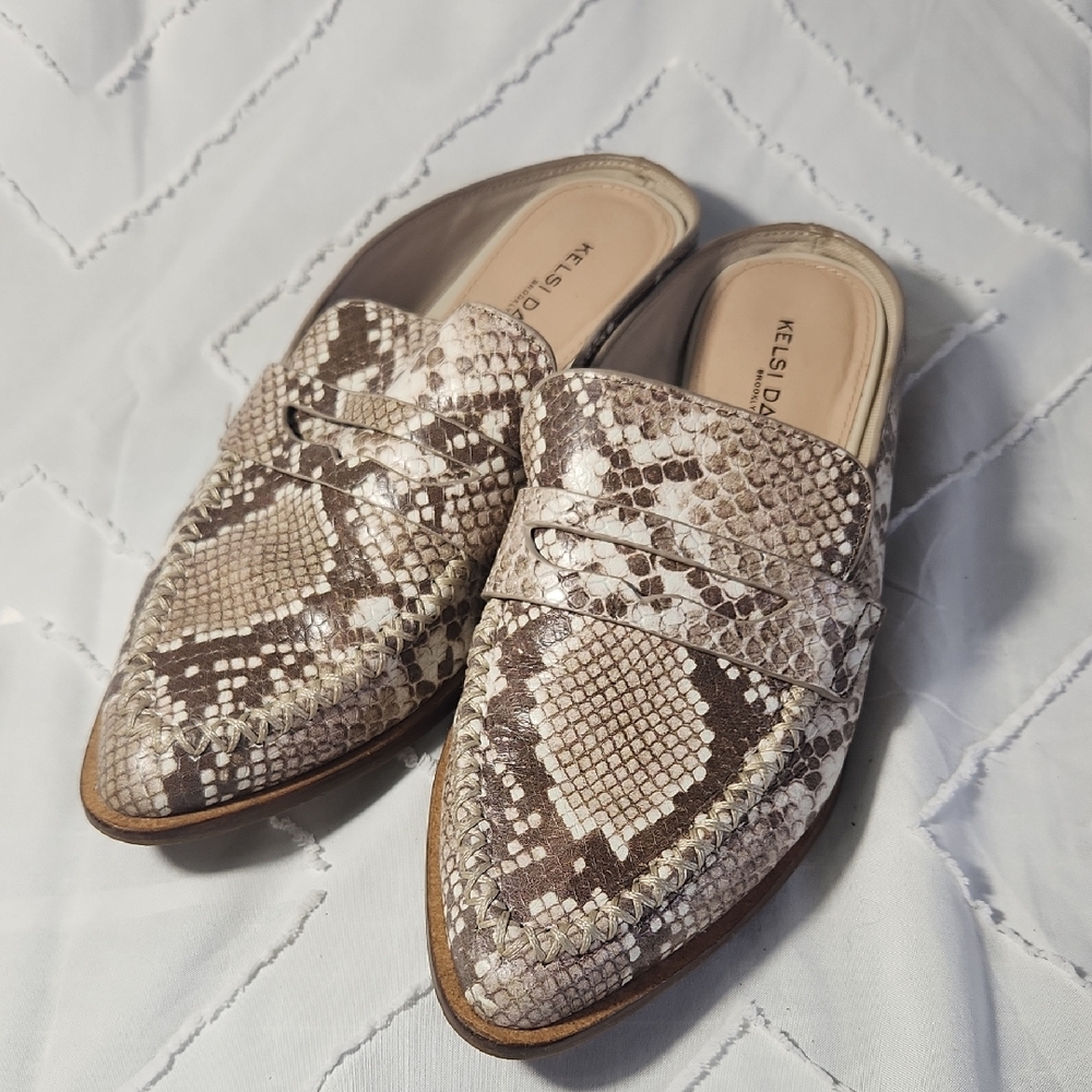 Kelsi Dagger Snakeskin Mules - Brown and Cream